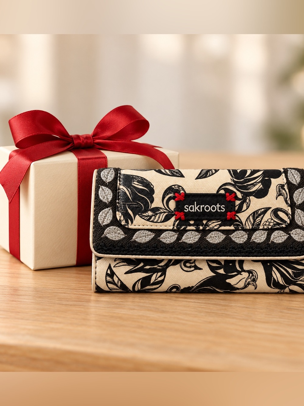 Sakroots Black & Cream Bird Print Wallet Silver Embroidered Flap